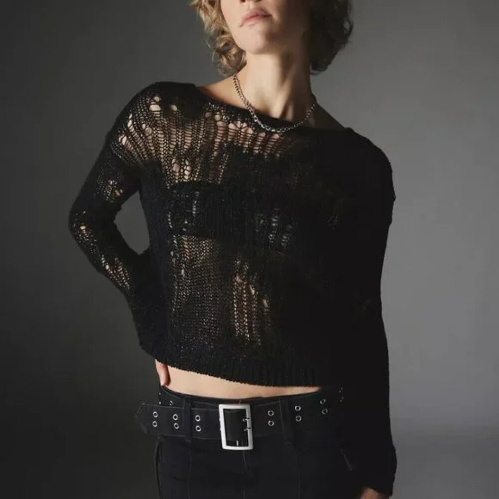 NWT UO Silence + Noise Nora Sparkly Black Open Knit Sweater